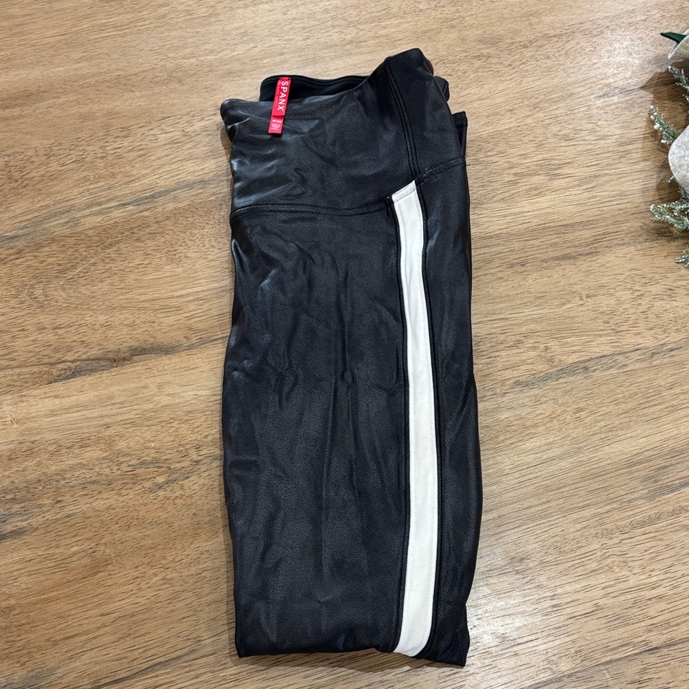 SPANX Black Faux Leather Leggings with White Accent